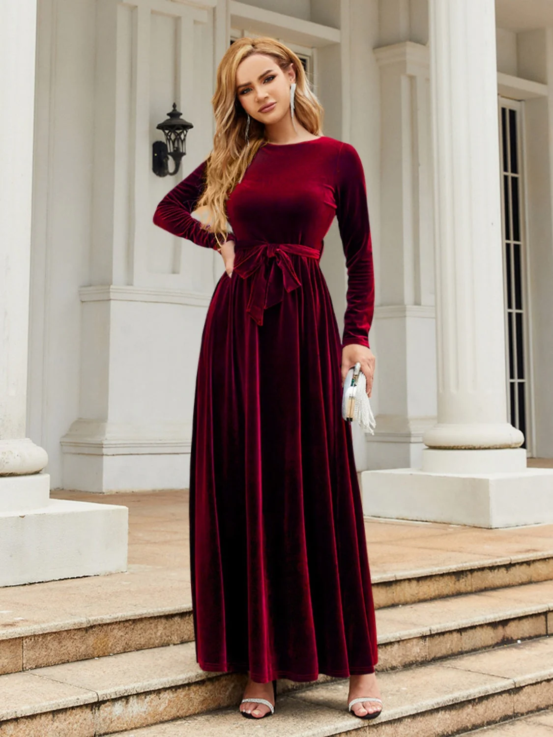 Tie Front Round Neck Long Sleeve Maxi Dress - Image 3