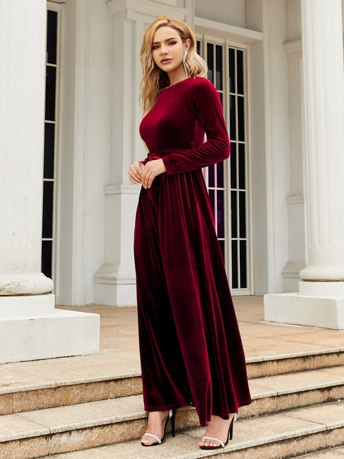Tie Front Round Neck Long Sleeve Maxi Dress - Image 4