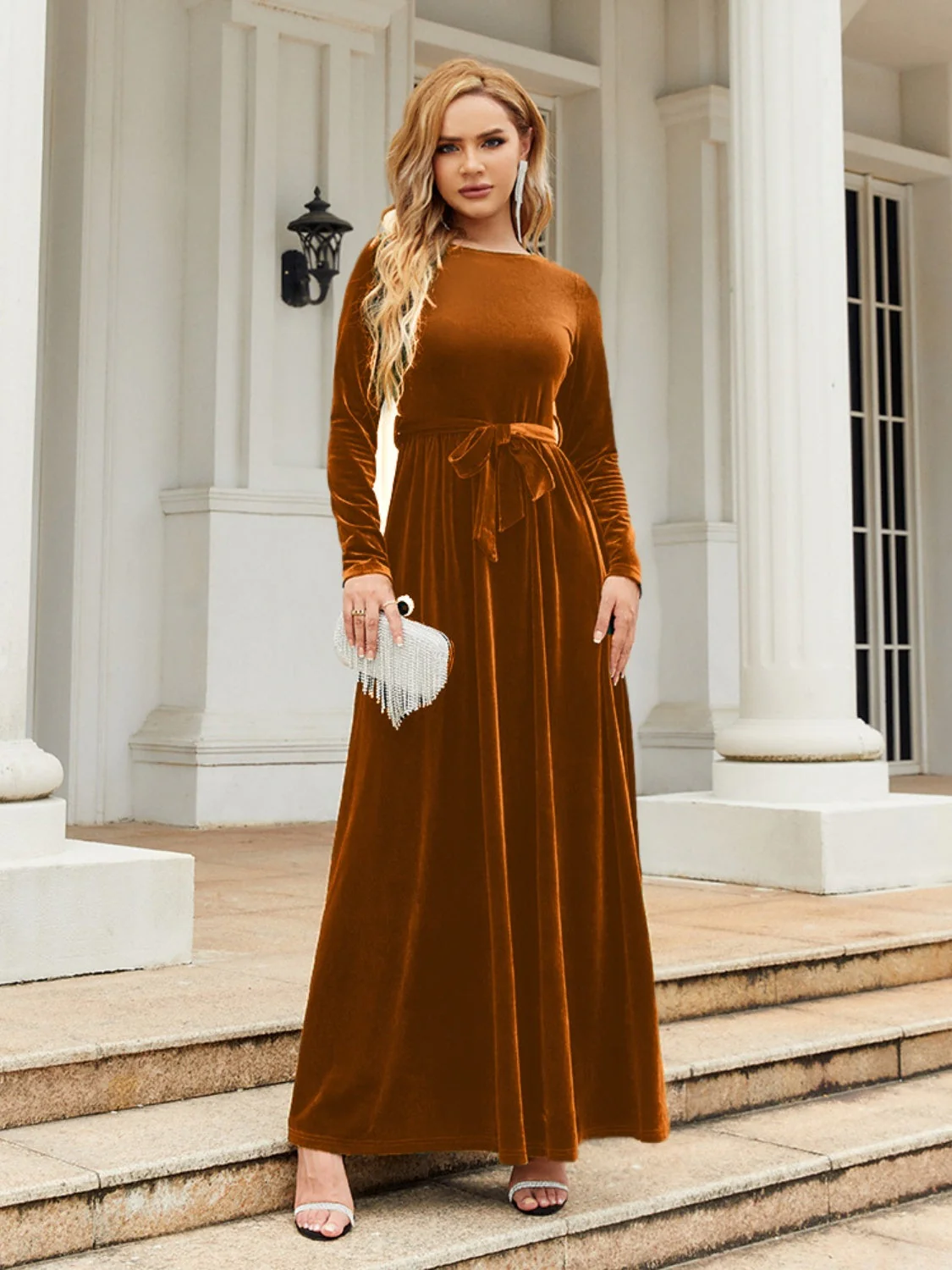 Tie Front Round Neck Long Sleeve Maxi Dress - Image 5