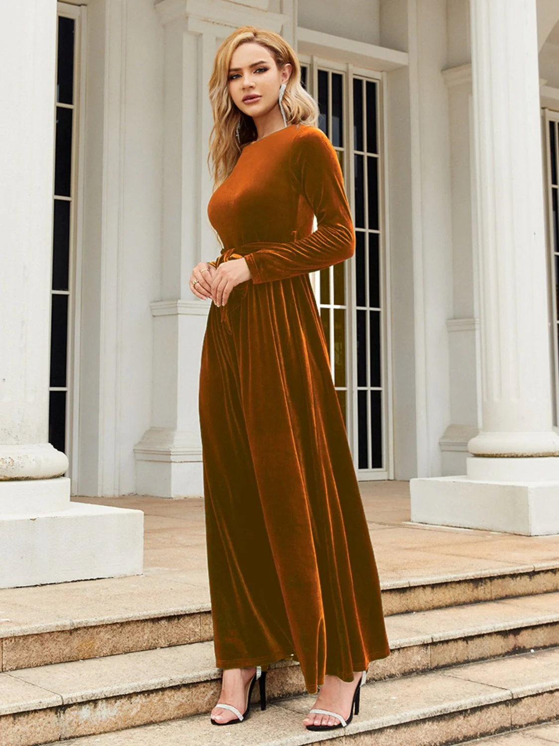 Tie Front Round Neck Long Sleeve Maxi Dress - Image 6