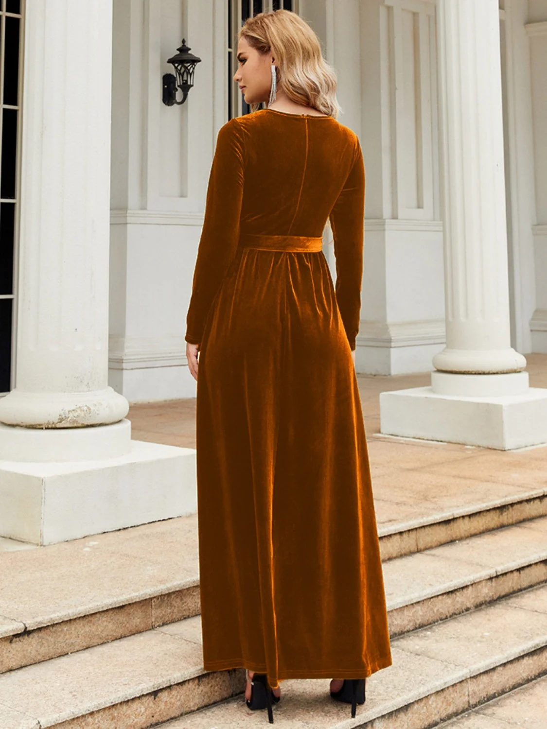 Tie Front Round Neck Long Sleeve Maxi Dress - Image 7