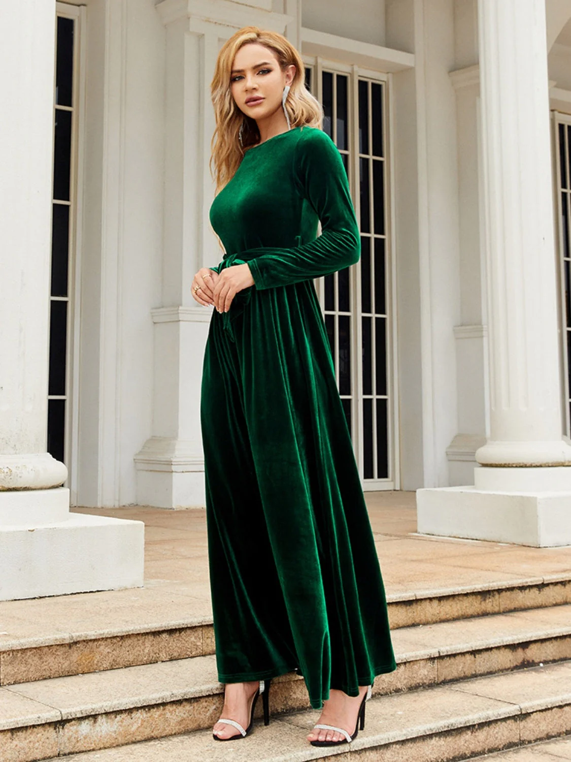 Tie Front Round Neck Long Sleeve Maxi Dress - Image 8