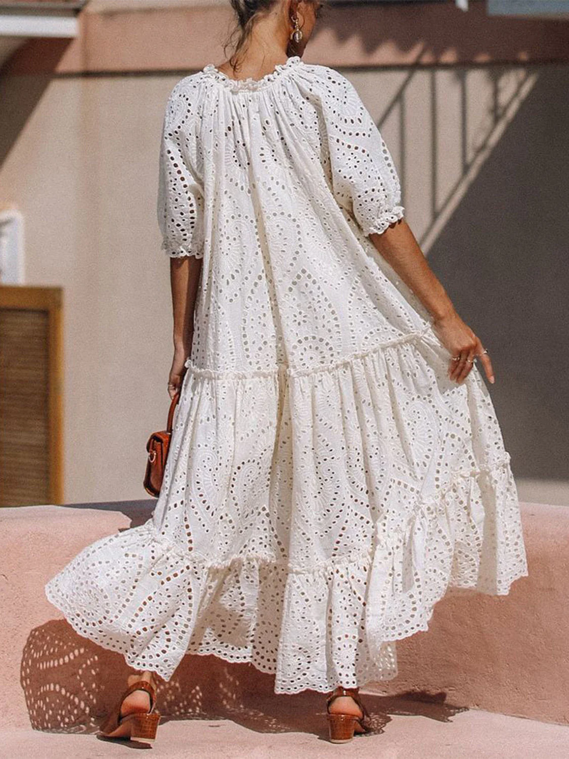 Tie Neck Half Sleeve Tiered Dress - Image 2