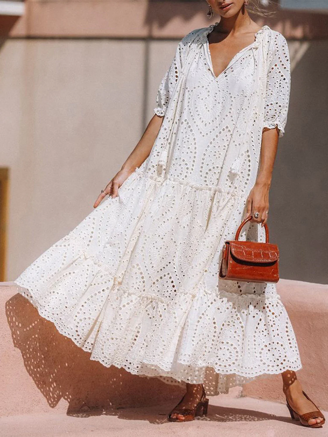 Tie Neck Half Sleeve Tiered Dress - Image 3