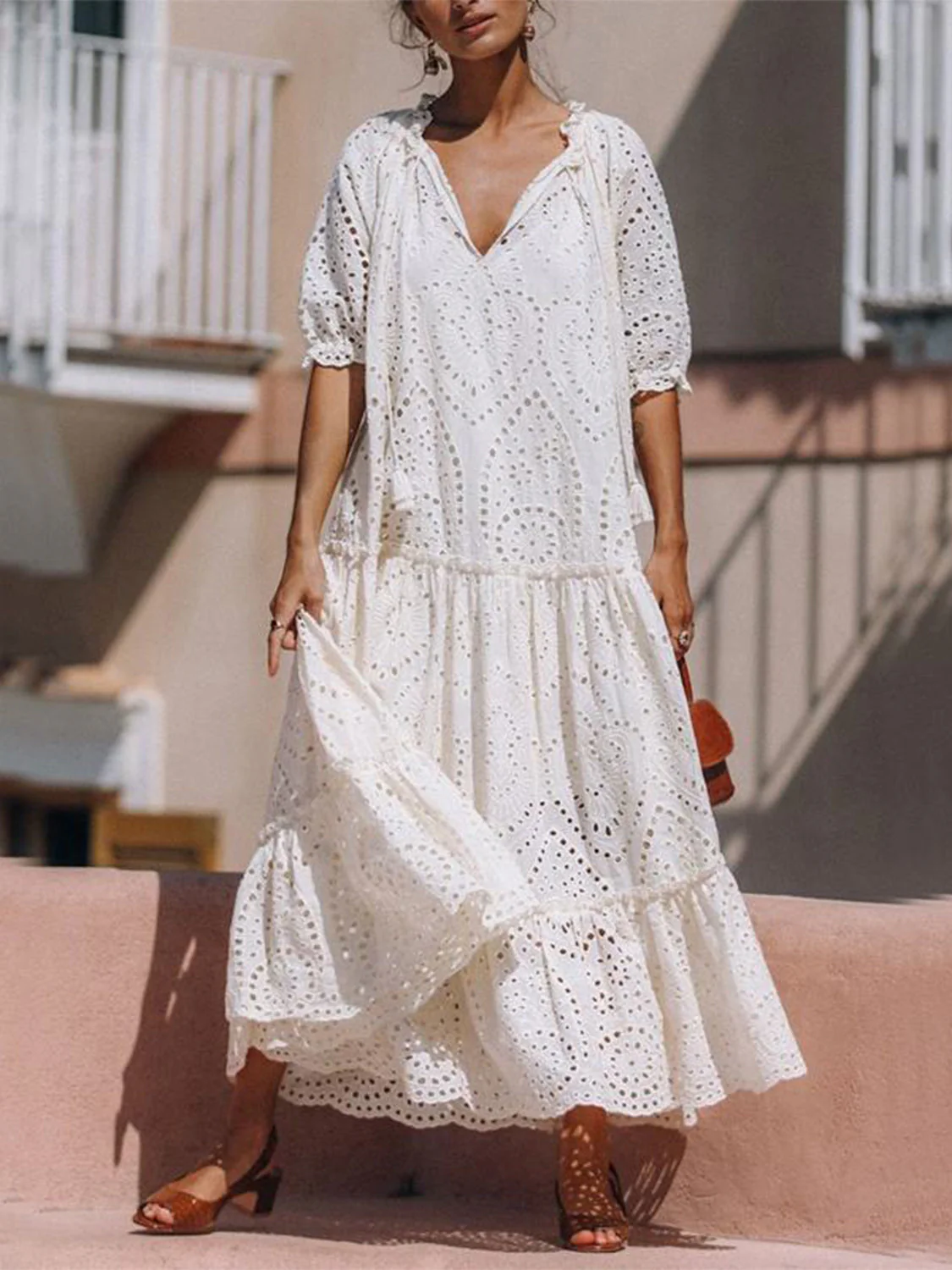 Tie Neck Half Sleeve Tiered Dress - Image 4