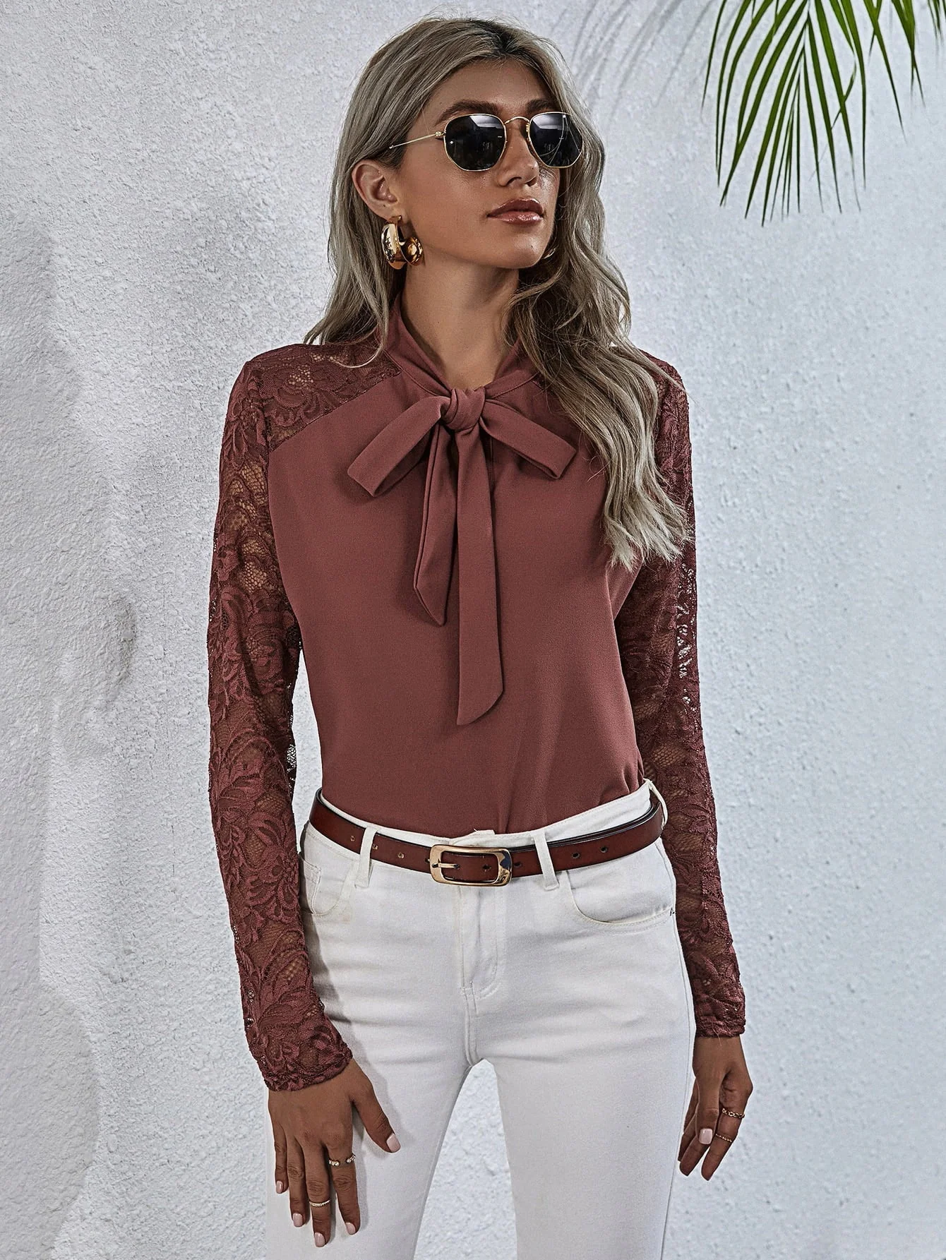 Tie Neck Spliced Lace Long Sleeve Top - Image 4