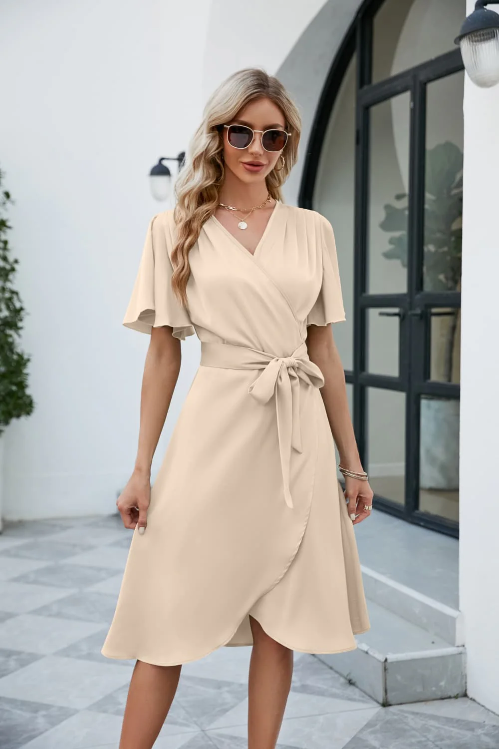 Tie Waist Flutter Sleeve Surplice Dress - Image 10