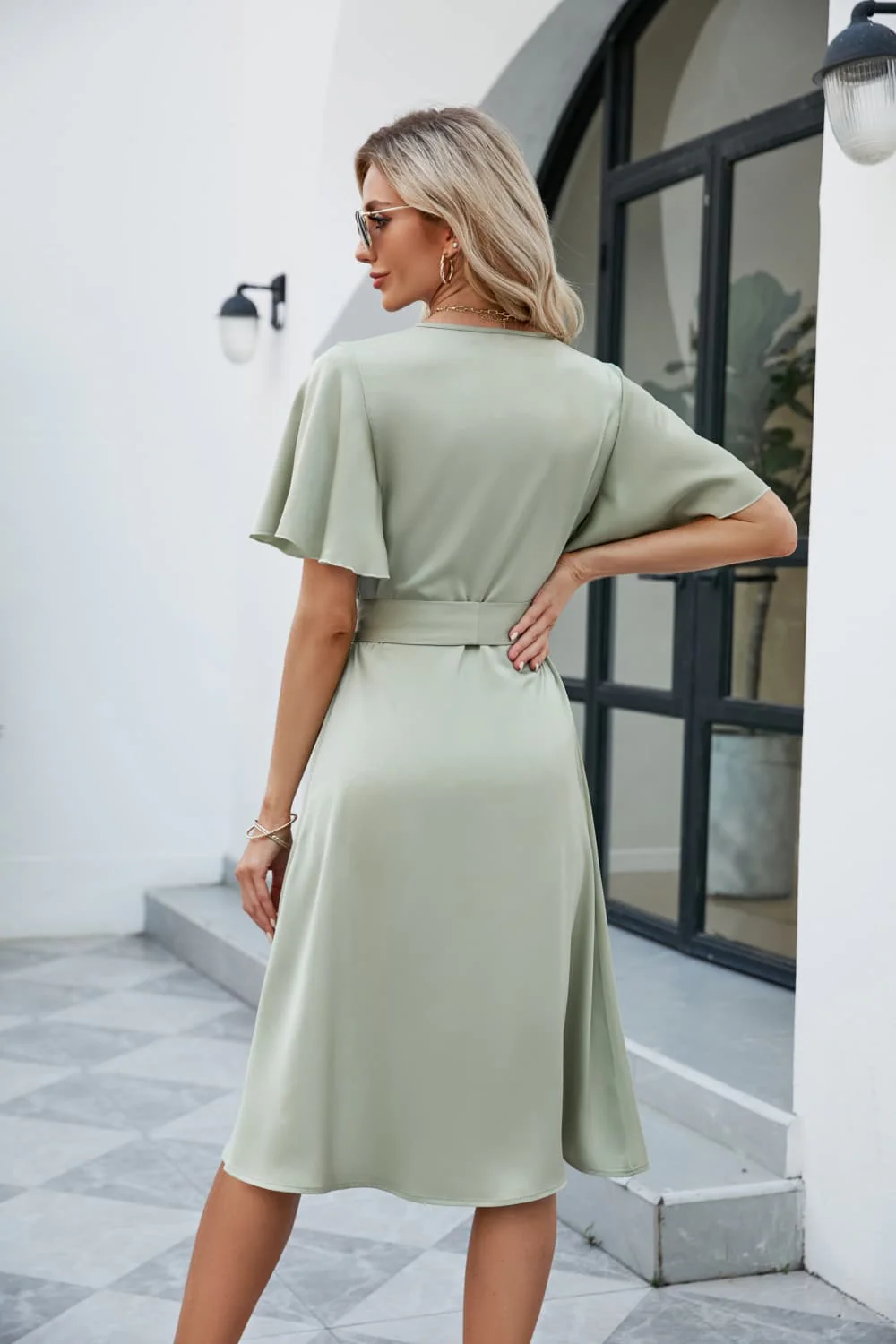 Tie Waist Flutter Sleeve Surplice Dress - Image 2