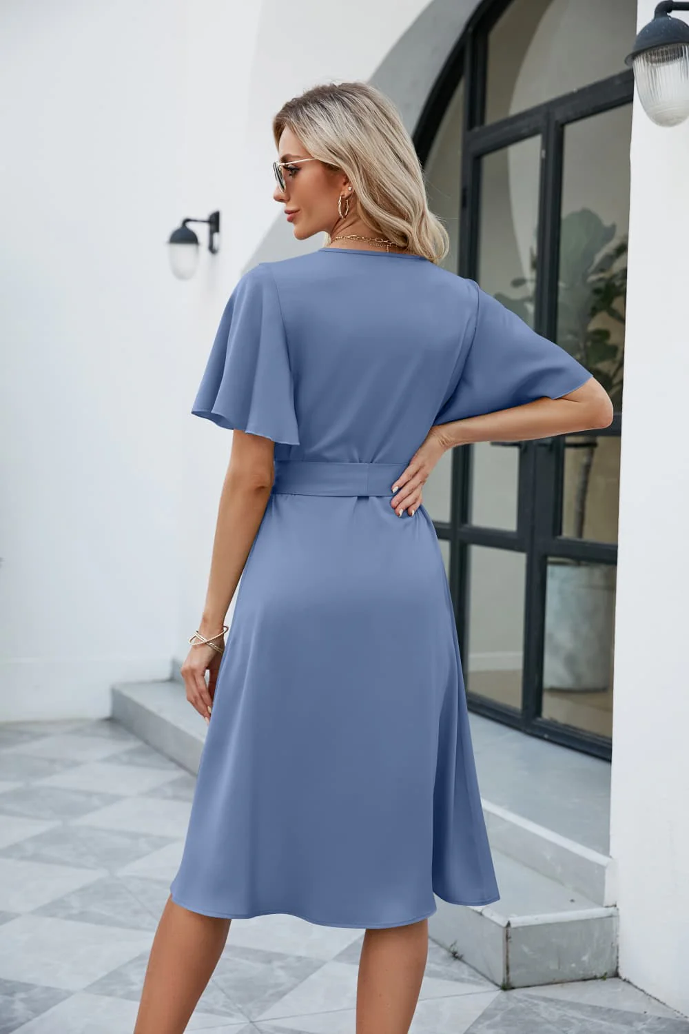Tie Waist Flutter Sleeve Surplice Dress - Image 6