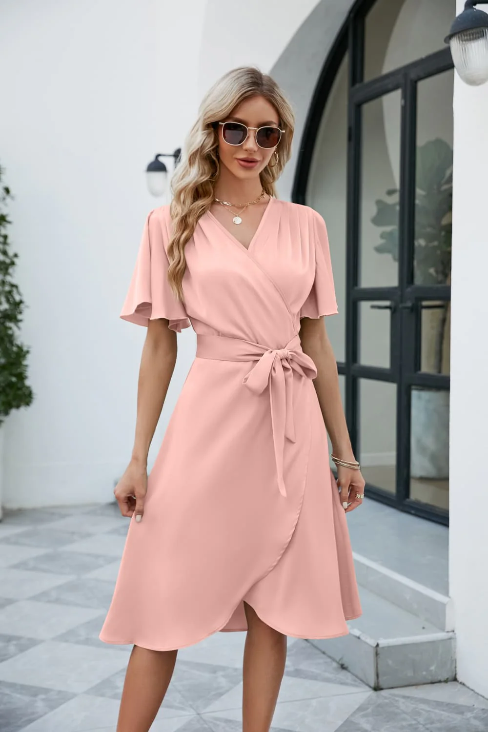 Tie Waist Flutter Sleeve Surplice Dress - Image 7