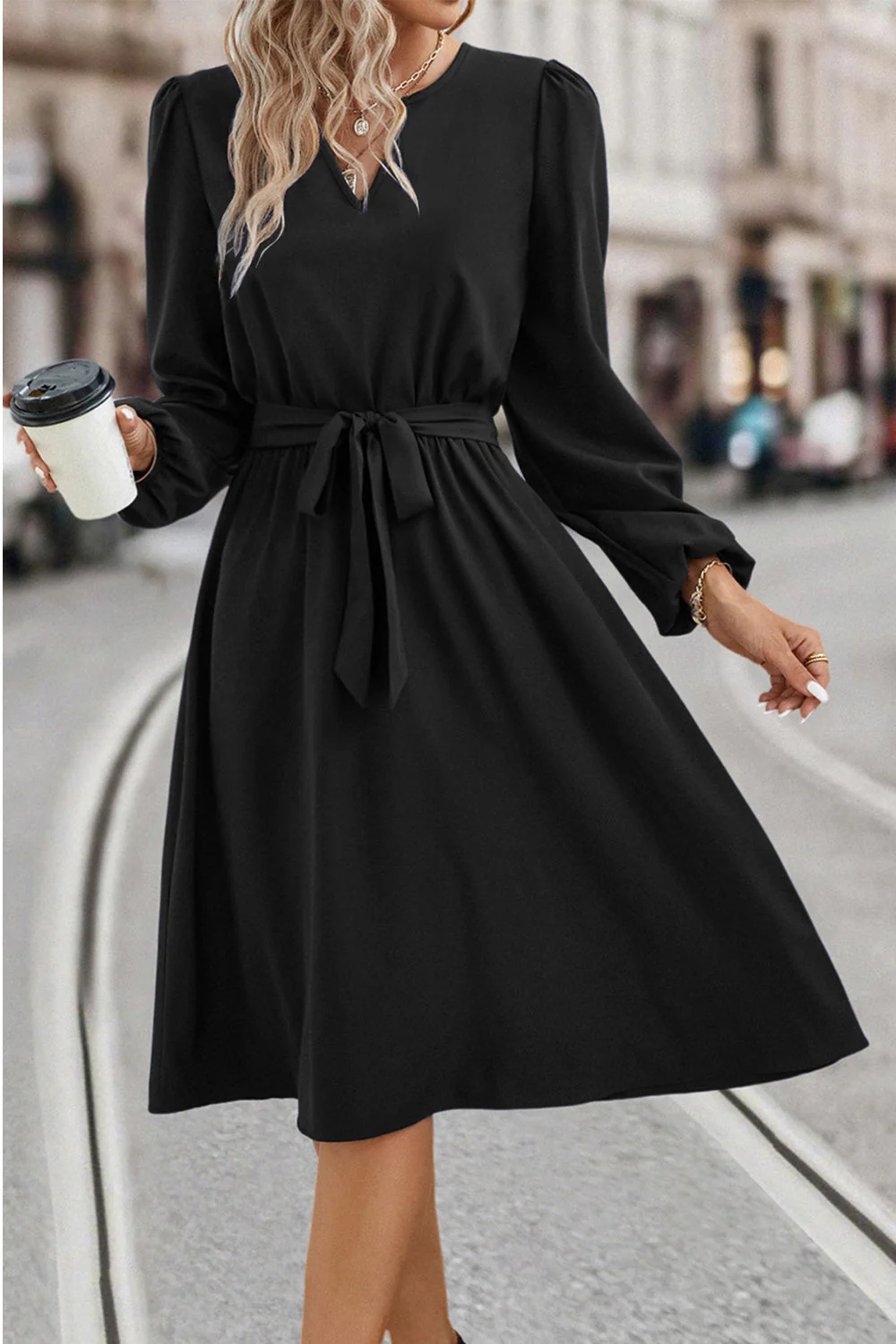 Tie Waist Notched Neck Long Sleeve Dress - Image 11