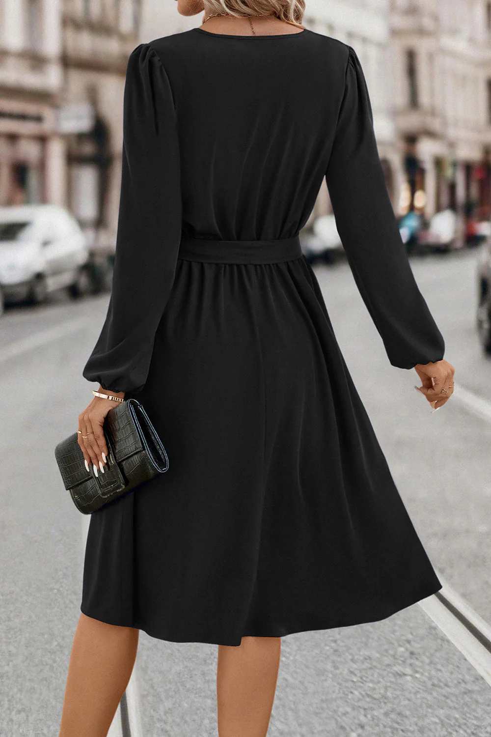 Tie Waist Notched Neck Long Sleeve Dress - Image 12
