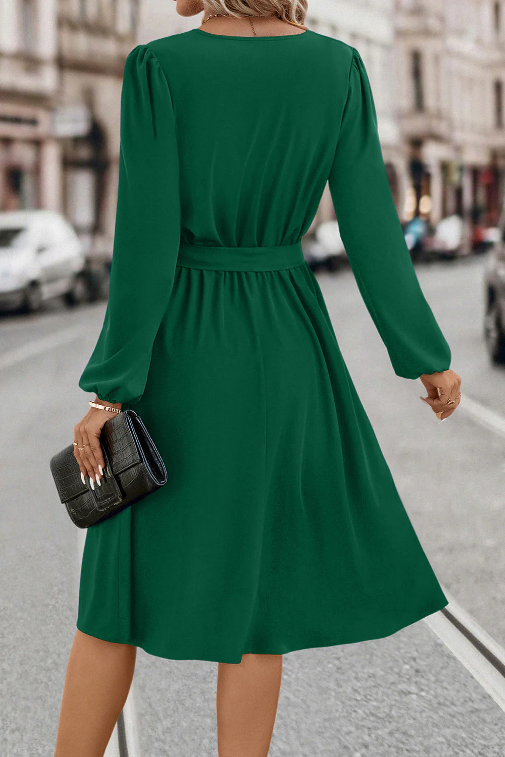 Tie Waist Notched Neck Long Sleeve Dress - Image 2