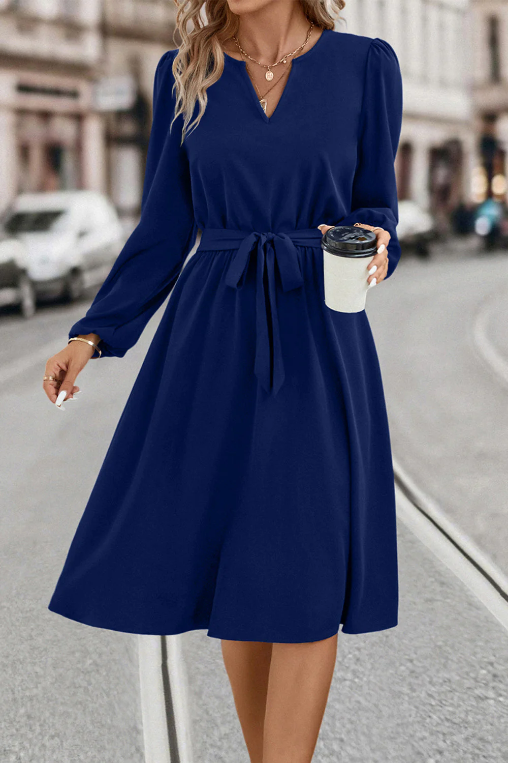 Tie Waist Notched Neck Long Sleeve Dress - Image 5