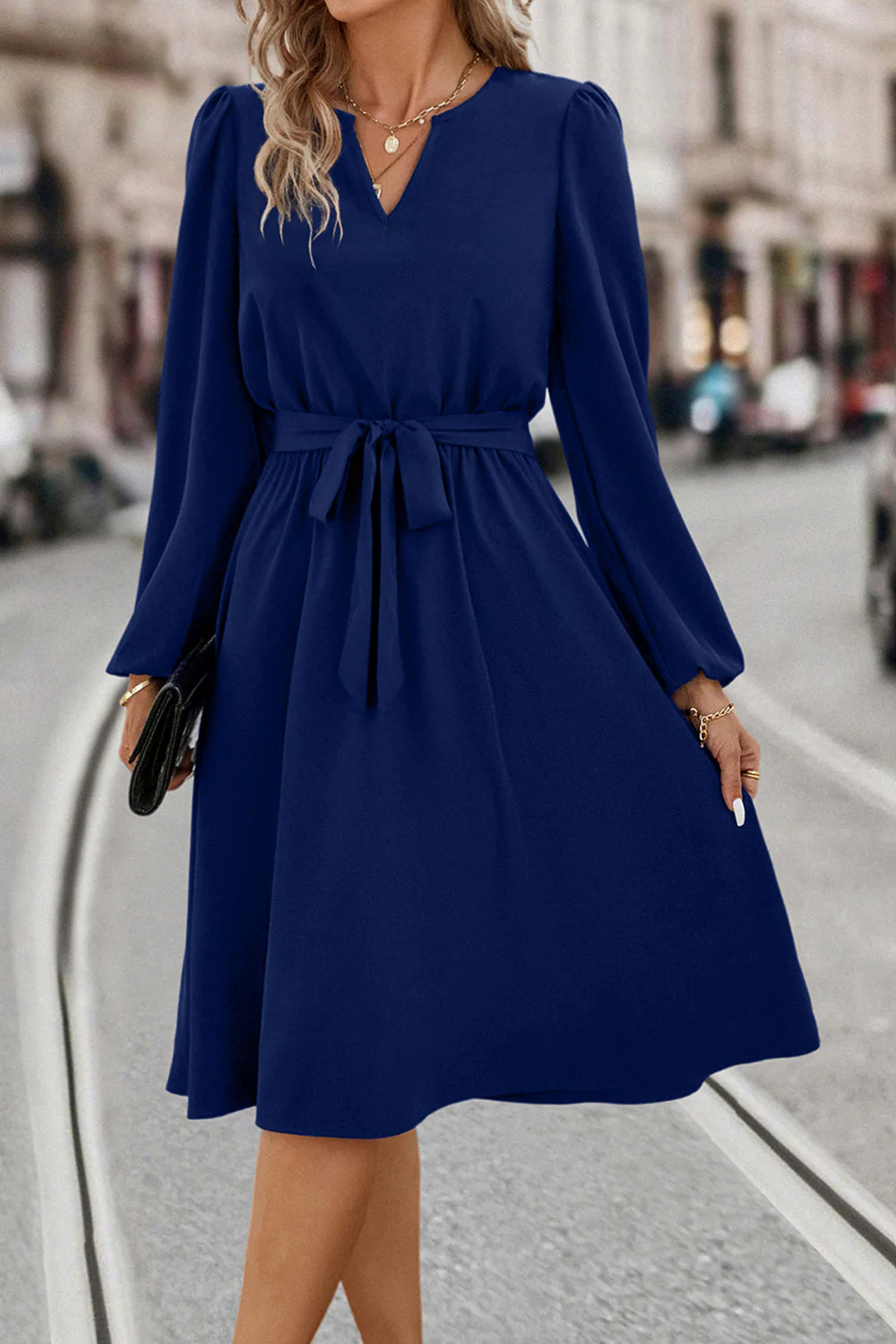 Tie Waist Notched Neck Long Sleeve Dress - Image 7