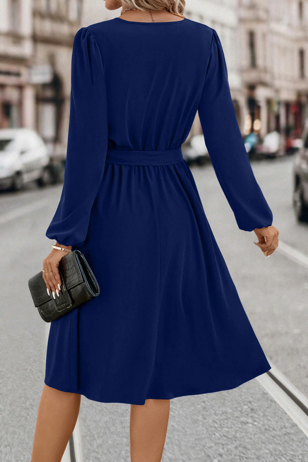 Tie Waist Notched Neck Long Sleeve Dress - Image 8