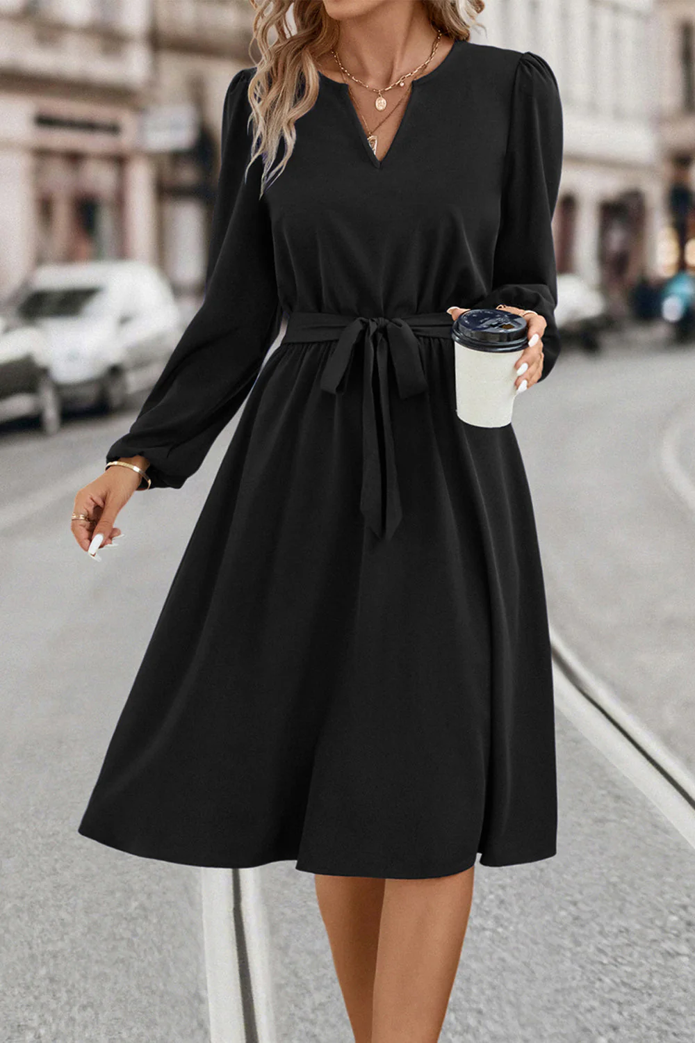 Tie Waist Notched Neck Long Sleeve Dress - Image 9