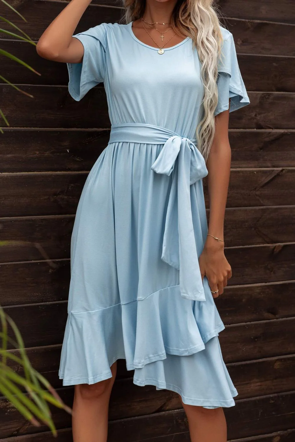 Tie Waist Petal Sleeve Ruffle Hem Dress - Image 3