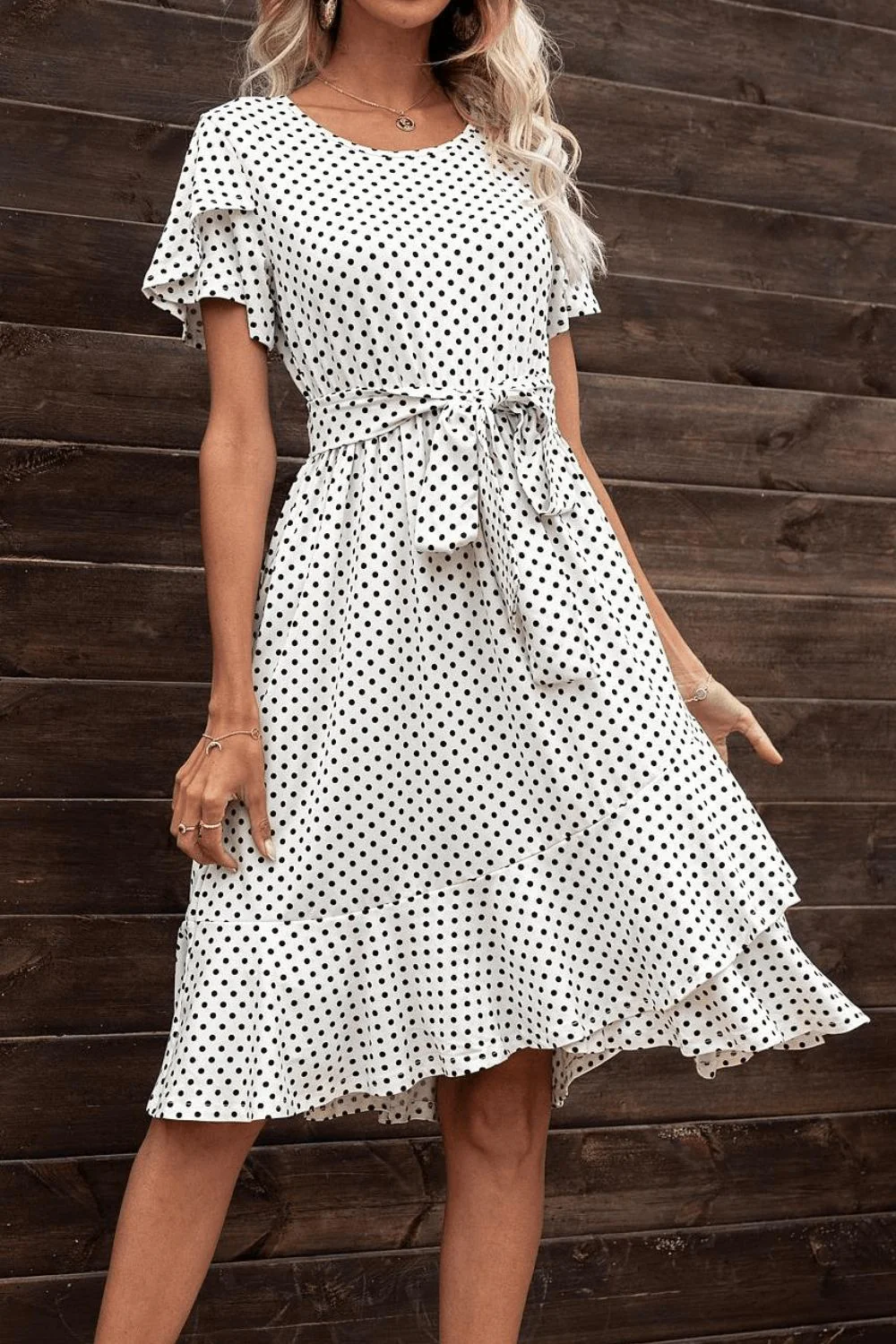 Tie Waist Petal Sleeve Ruffle Hem Dress - Image 4