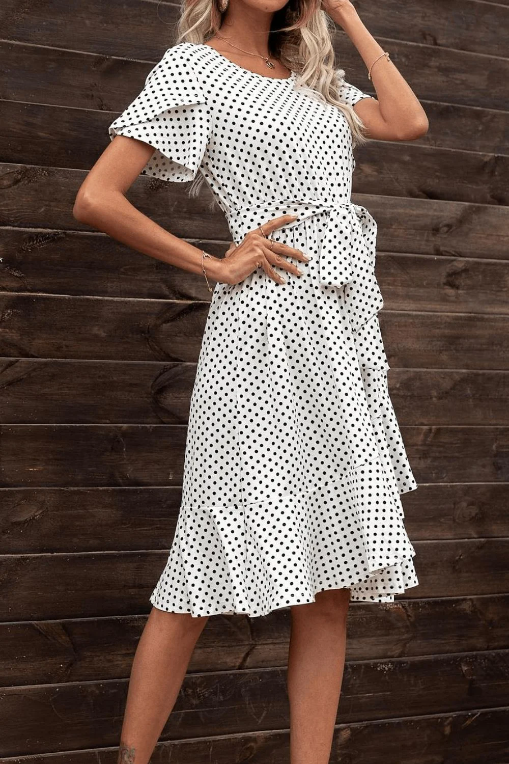 Tie Waist Petal Sleeve Ruffle Hem Dress - Image 5