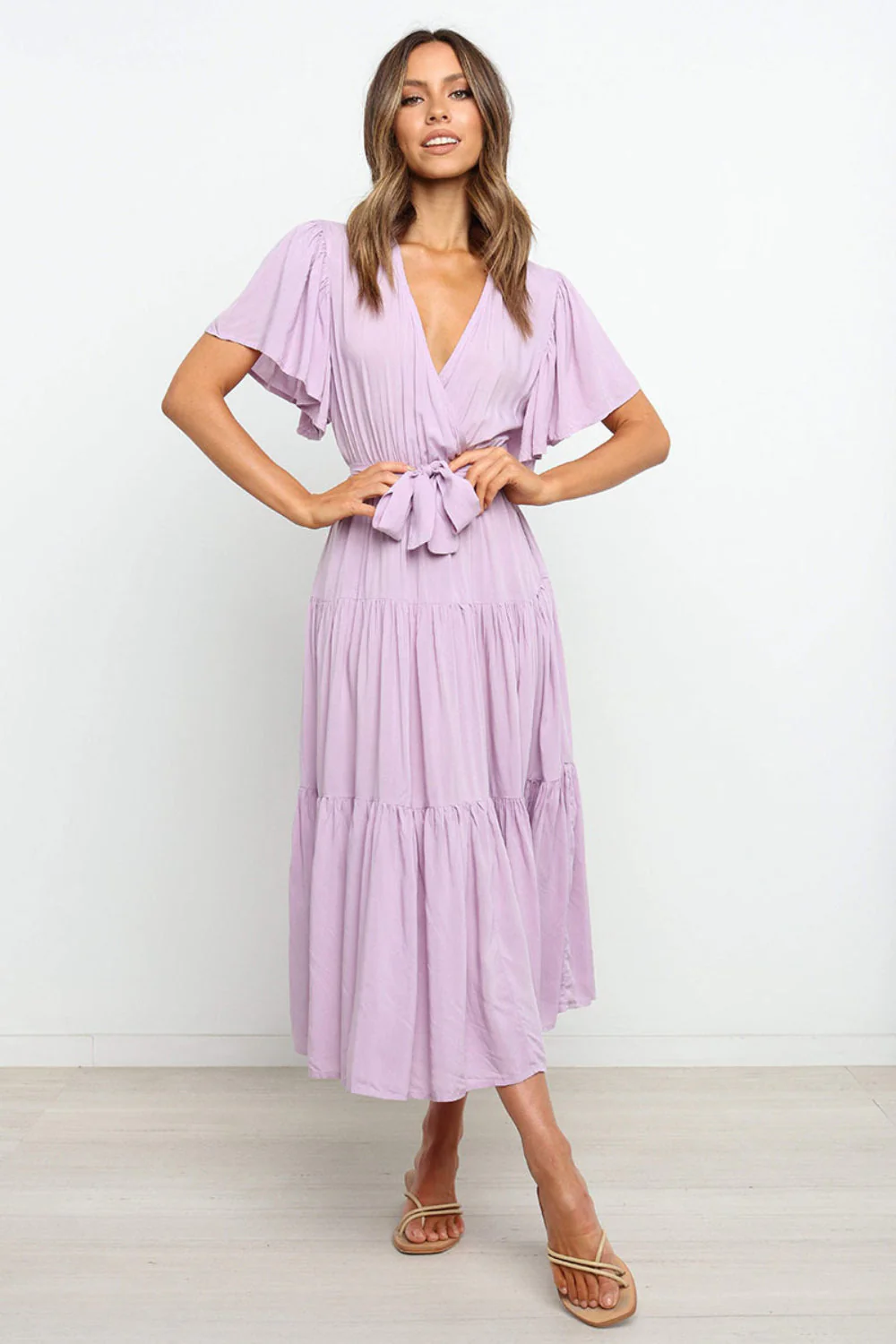 Tied Back Tiered Short Sleeve Midi Dress - Image 2