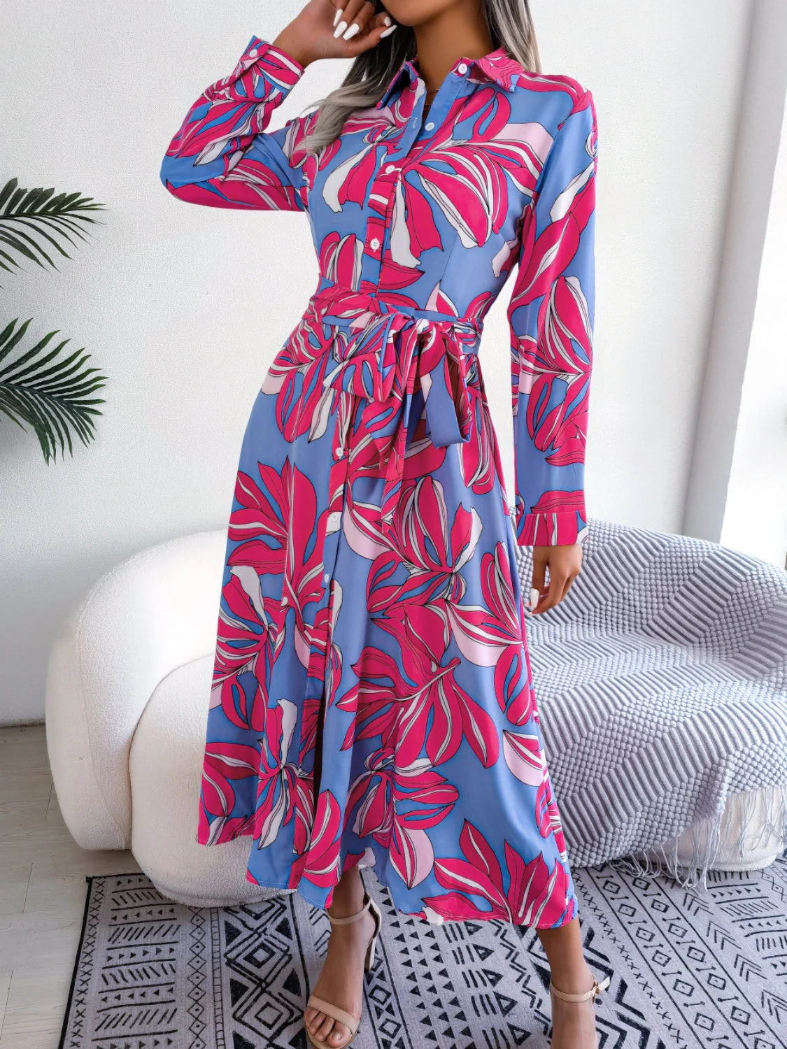 Tied Button Up Long Sleeve Dress - Image 10