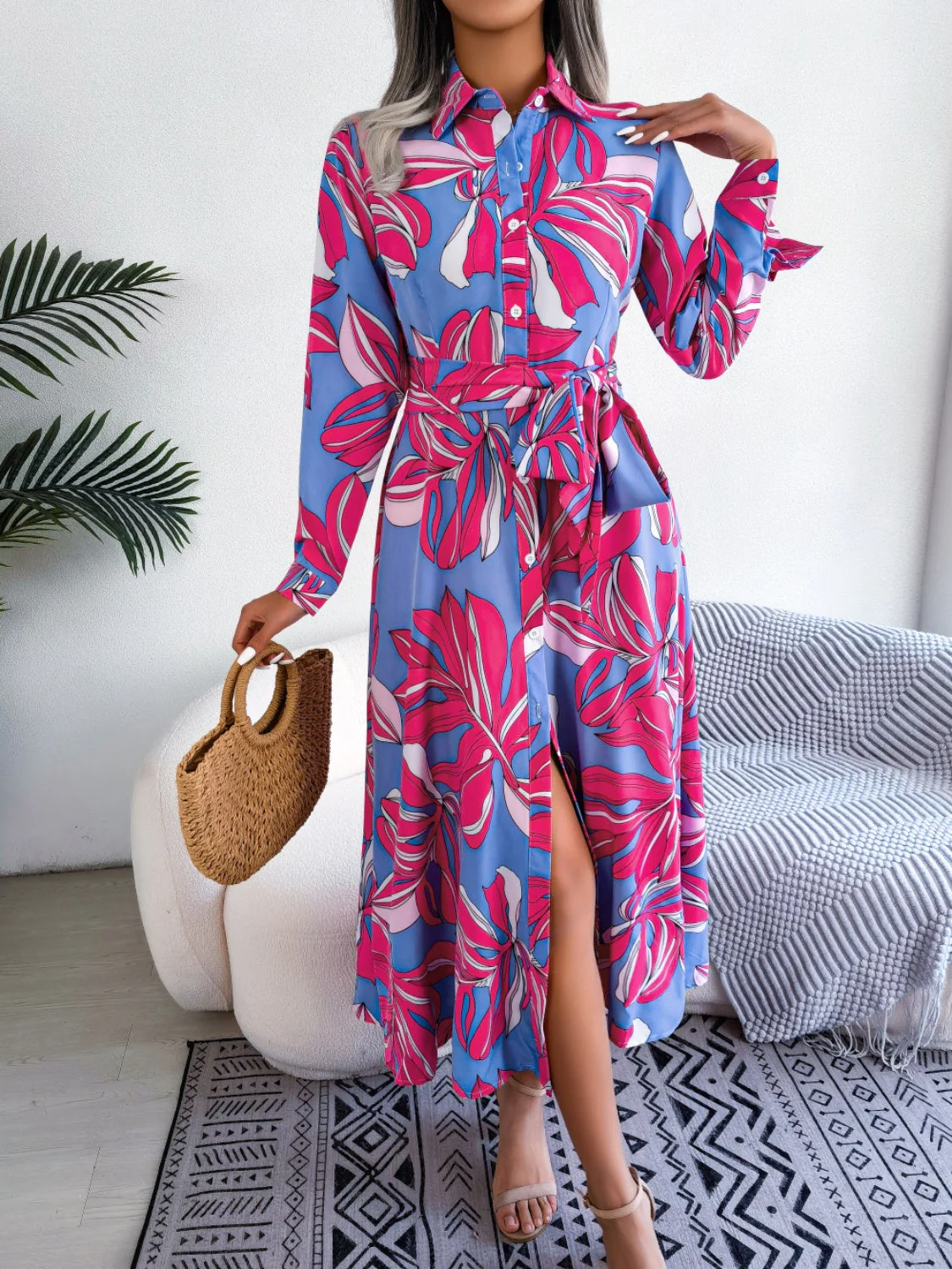 Tied Button Up Long Sleeve Dress - Image 11