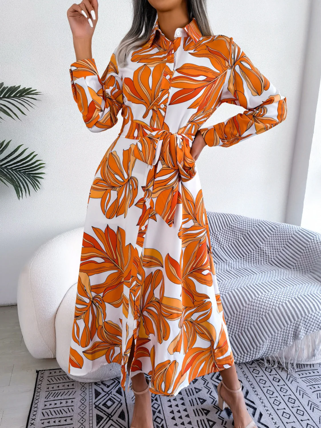 Tied Button Up Long Sleeve Dress - Image 13