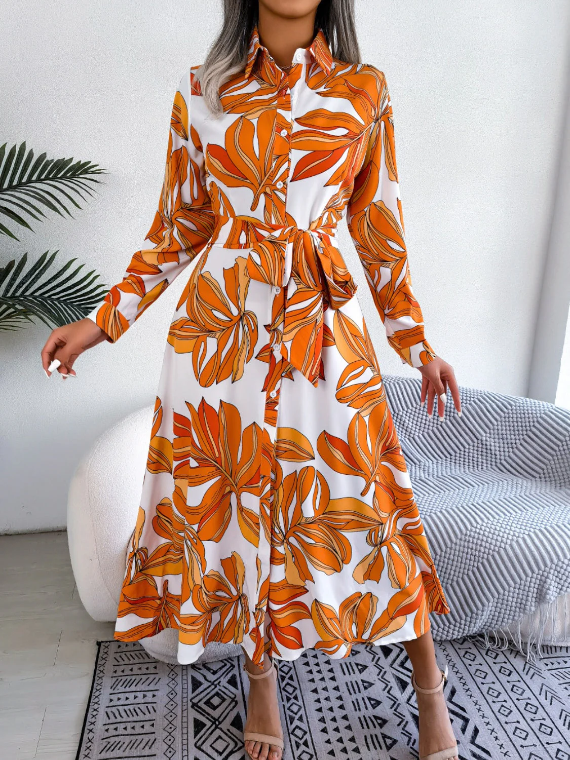 Tied Button Up Long Sleeve Dress - Image 16