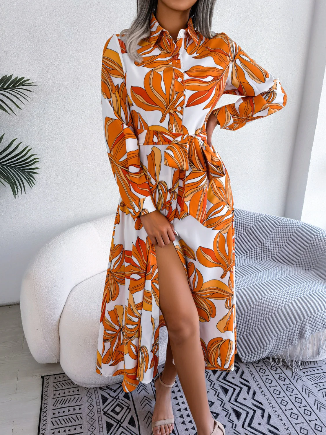 Tied Button Up Long Sleeve Dress - Image 17
