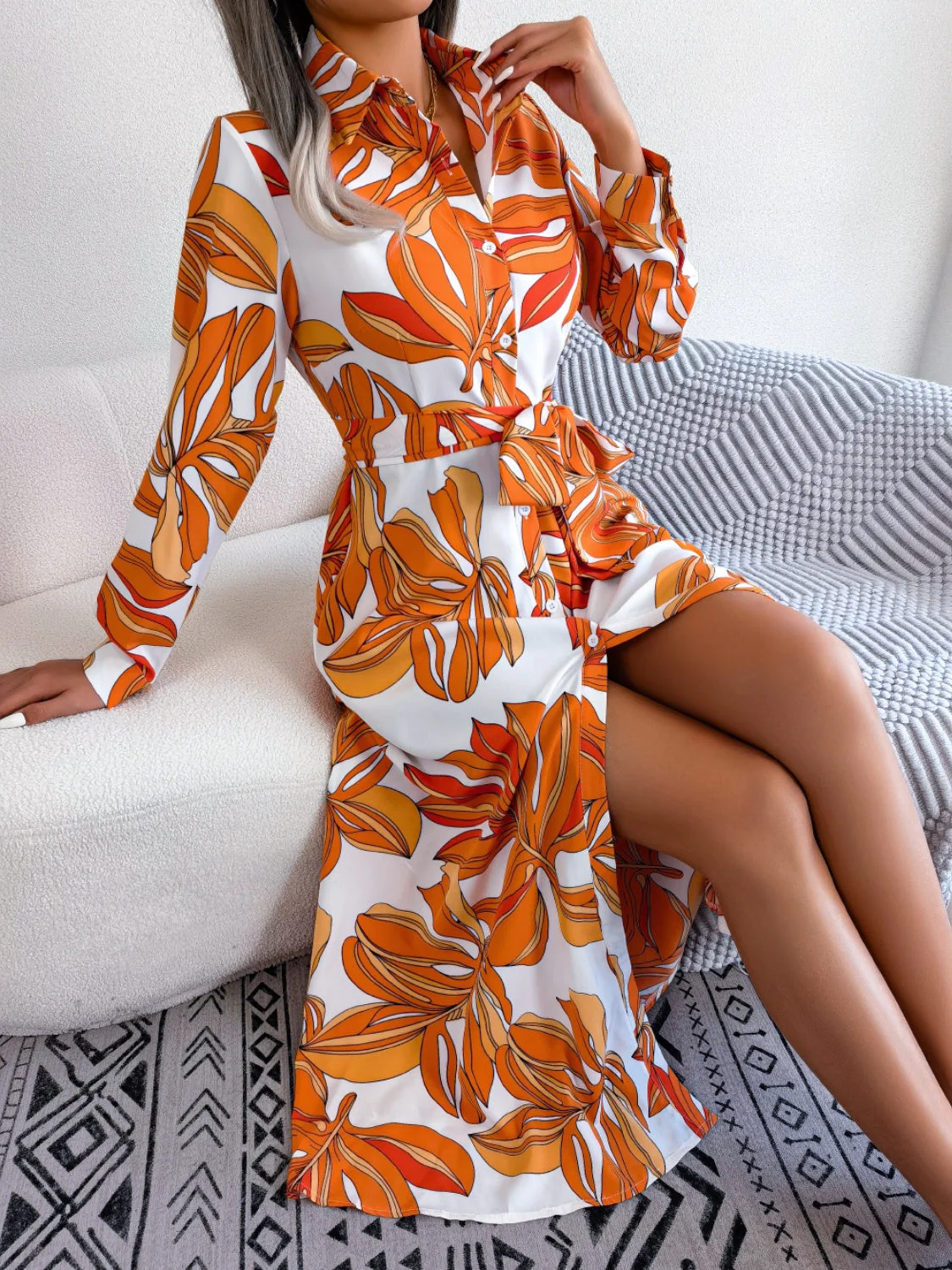 Tied Button Up Long Sleeve Dress - Image 18