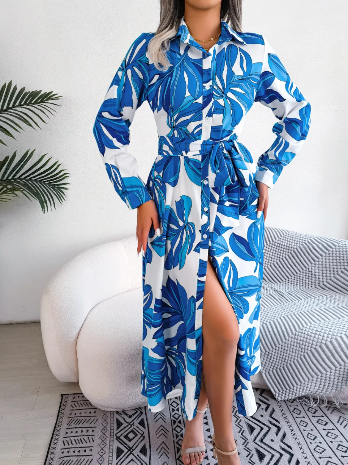 Tied Button Up Long Sleeve Dress - Image 3