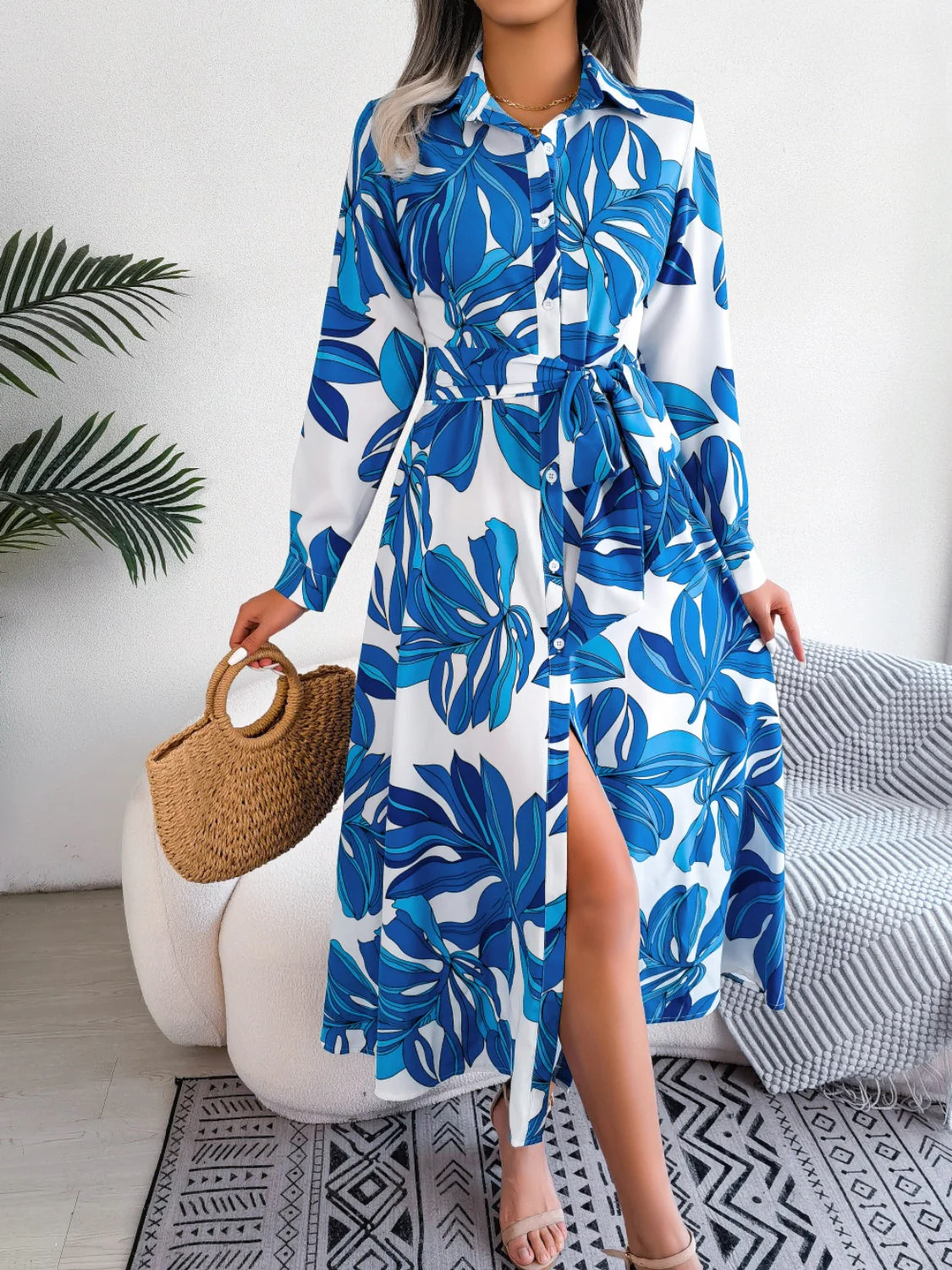 Tied Button Up Long Sleeve Dress - Image 4