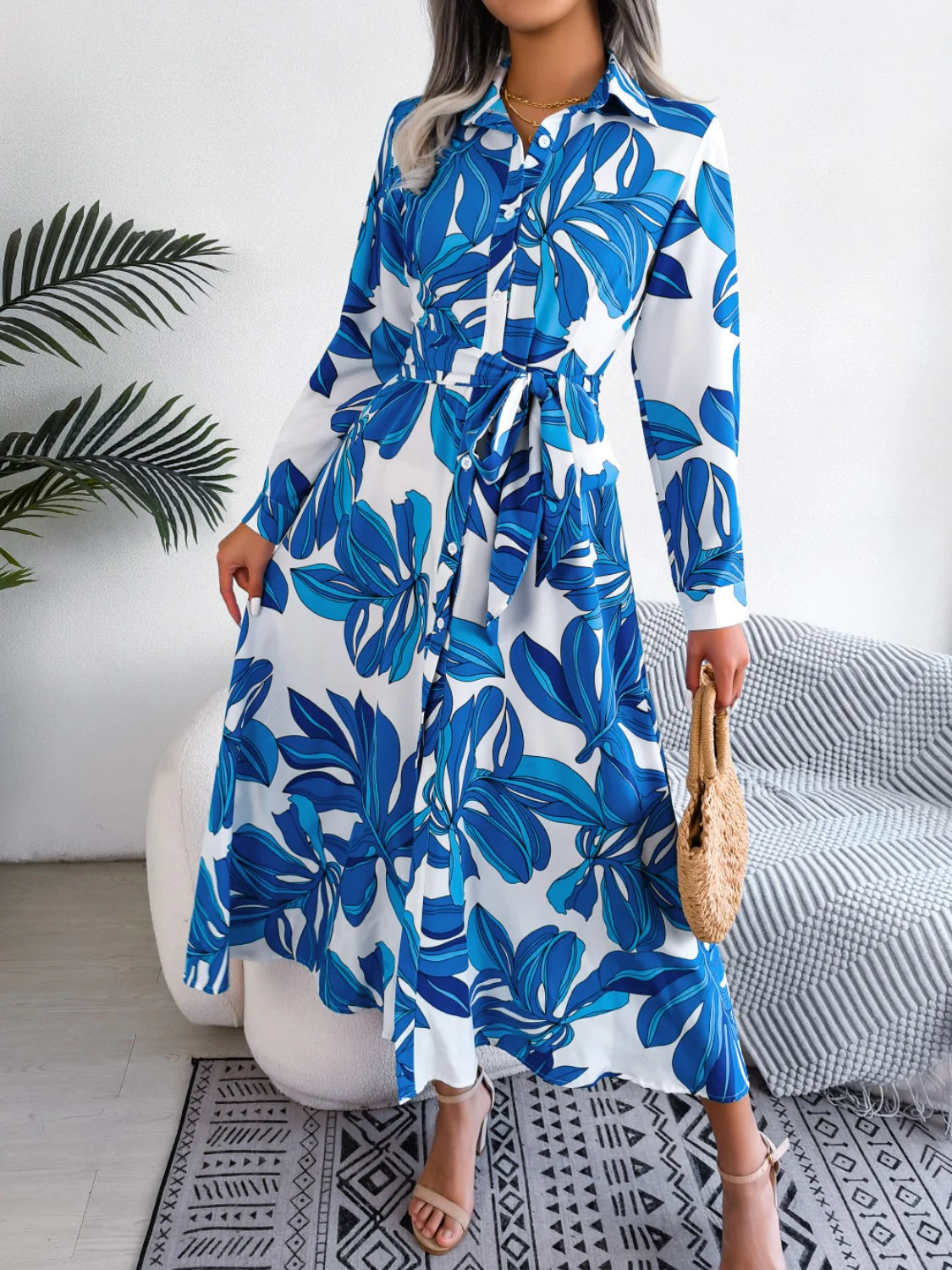 Tied Button Up Long Sleeve Dress - Image 6