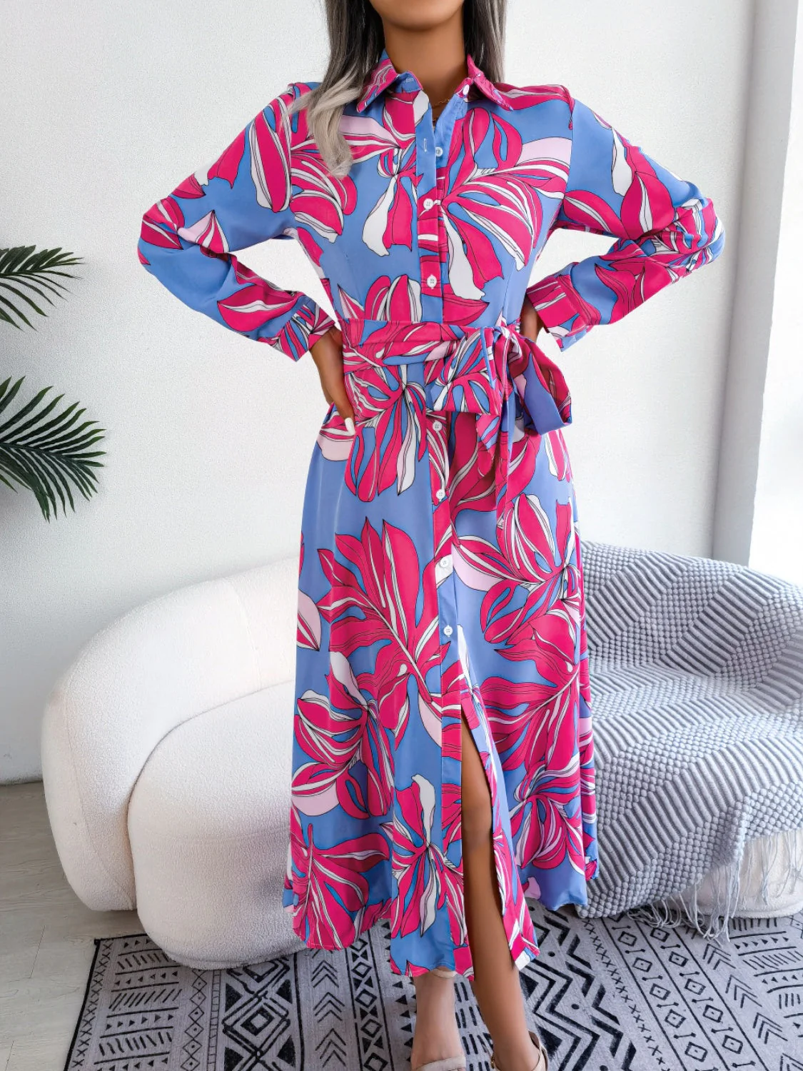 Tied Button Up Long Sleeve Dress - Image 7