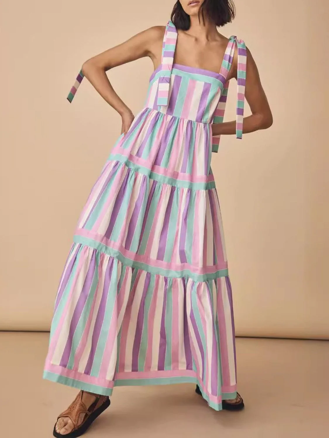 Tied Contrast Wide Strap Cami Dress - Image 3