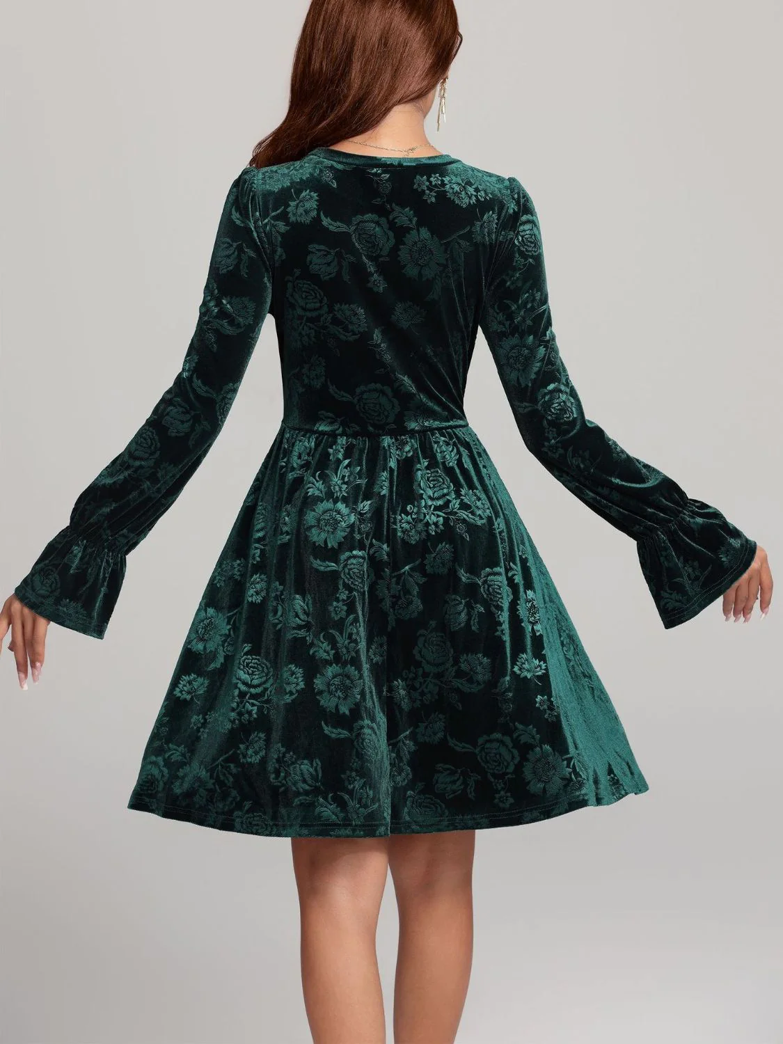 Tied Flower Print Round Neck Flounce Sleeve Dress - Image 2