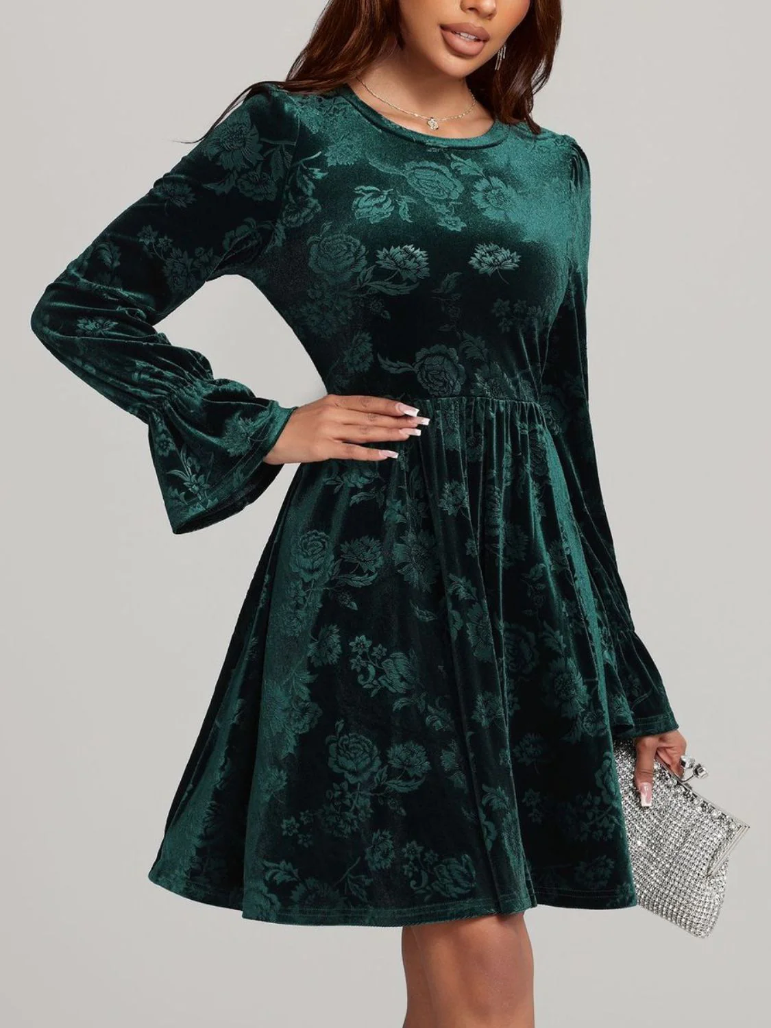 Tied Flower Print Round Neck Flounce Sleeve Dress - Image 3