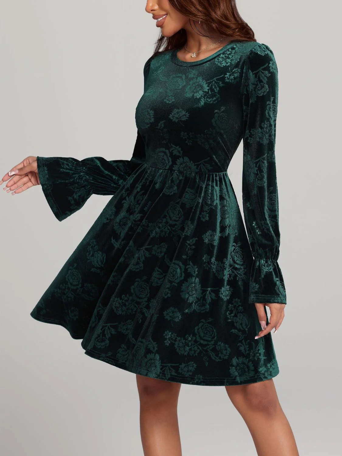 Tied Flower Print Round Neck Flounce Sleeve Dress - Image 4