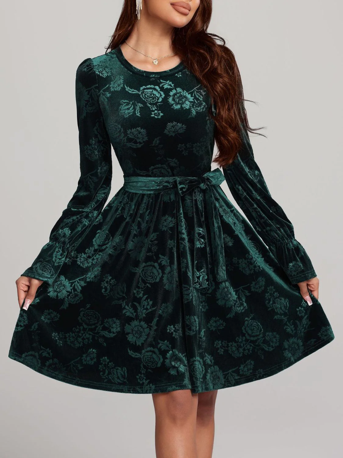 Tied Flower Print Round Neck Flounce Sleeve Dress - Image 5