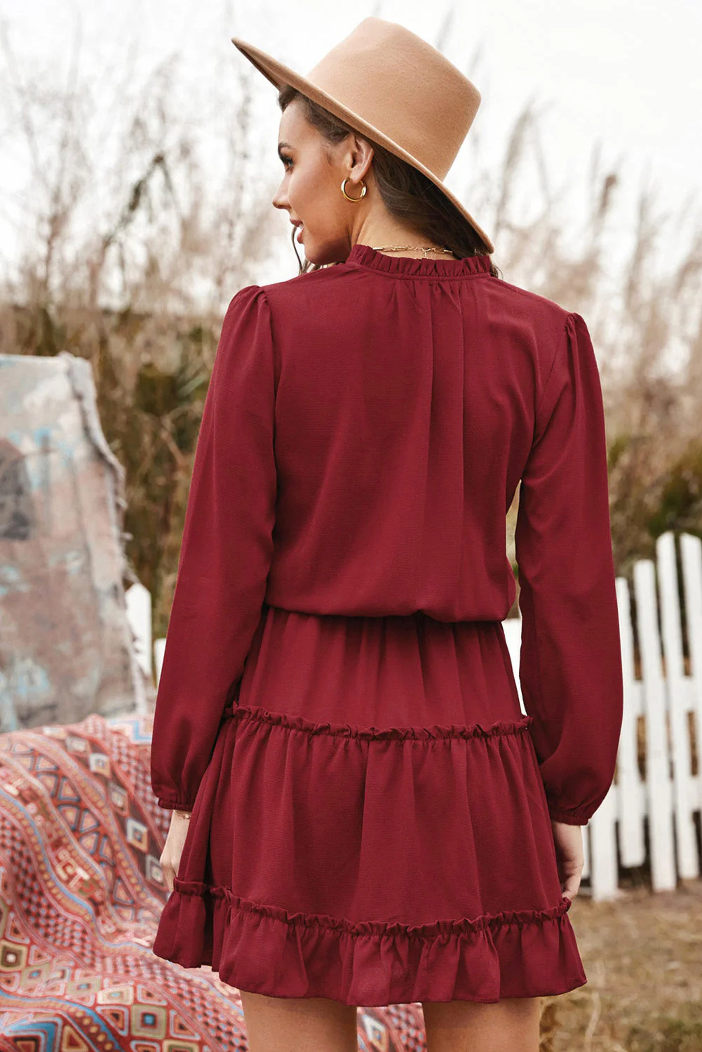 Tied Frill Trim Puff Sleeve Mini Dress - Image 2