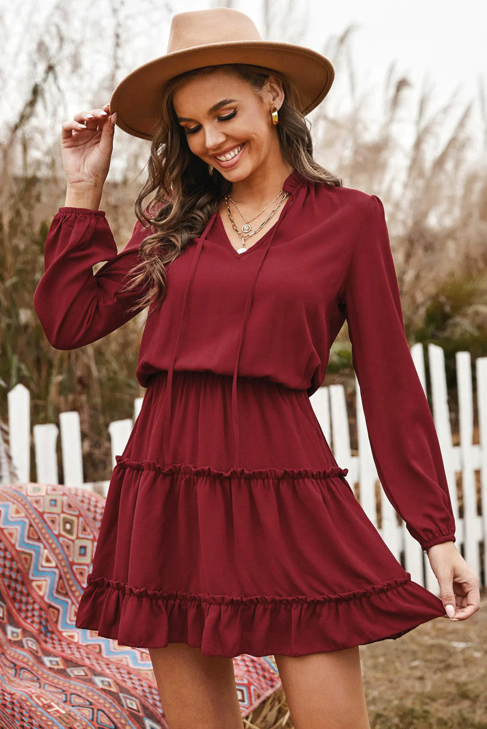 Tied Frill Trim Puff Sleeve Mini Dress - Image 3
