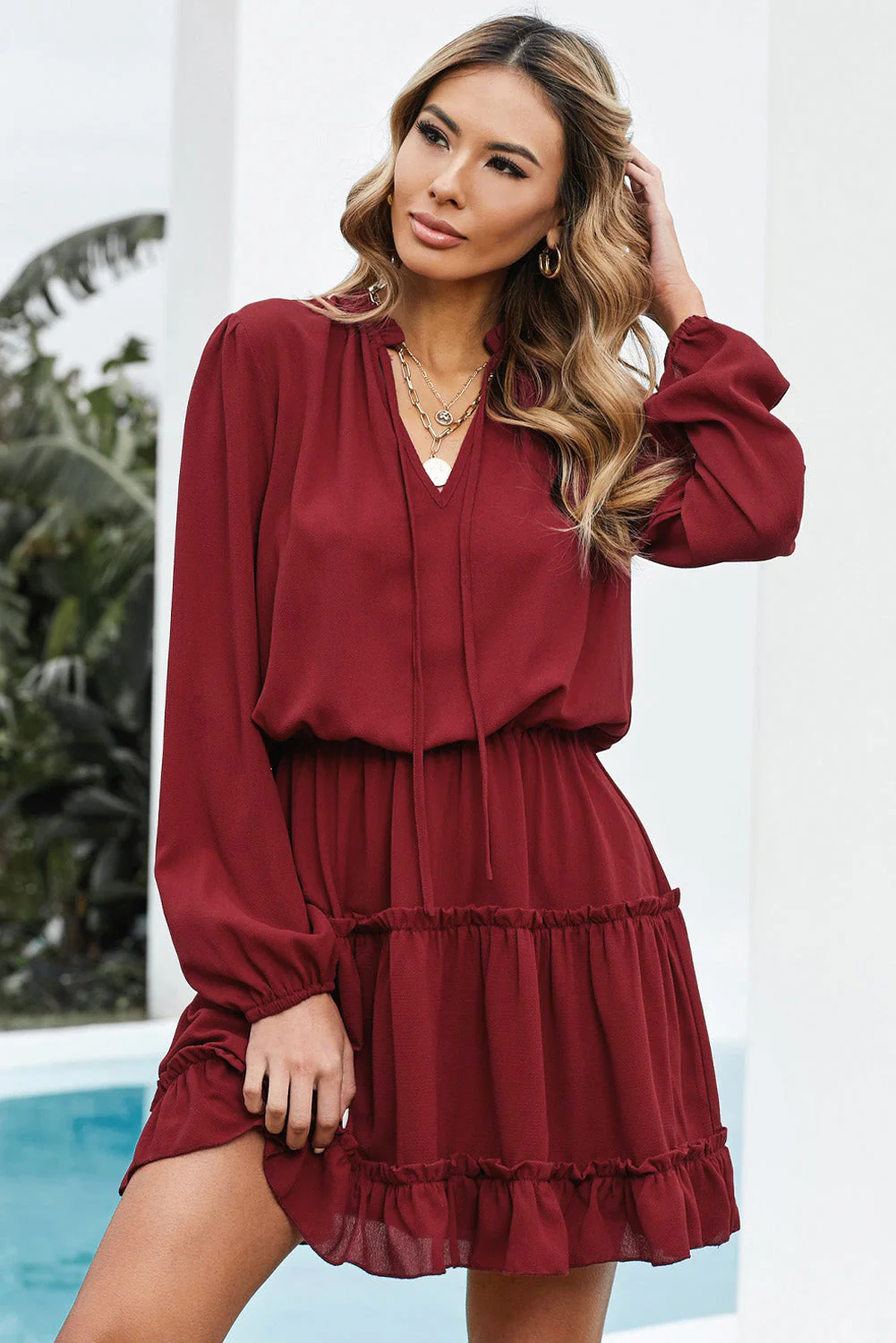 Tied Frill Trim Puff Sleeve Mini Dress - Image 4