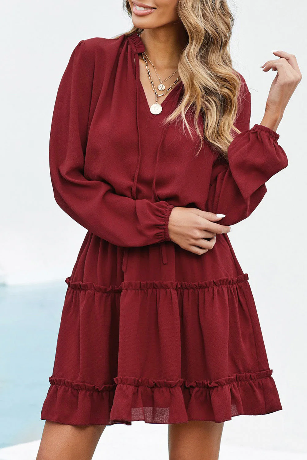 Tied Frill Trim Puff Sleeve Mini Dress - Image 5