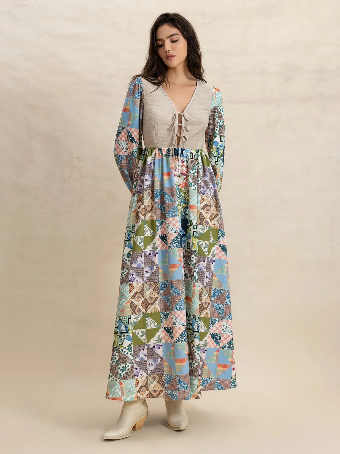 Tied Front Printed Long Sleeve Maxi Dress - Image 2