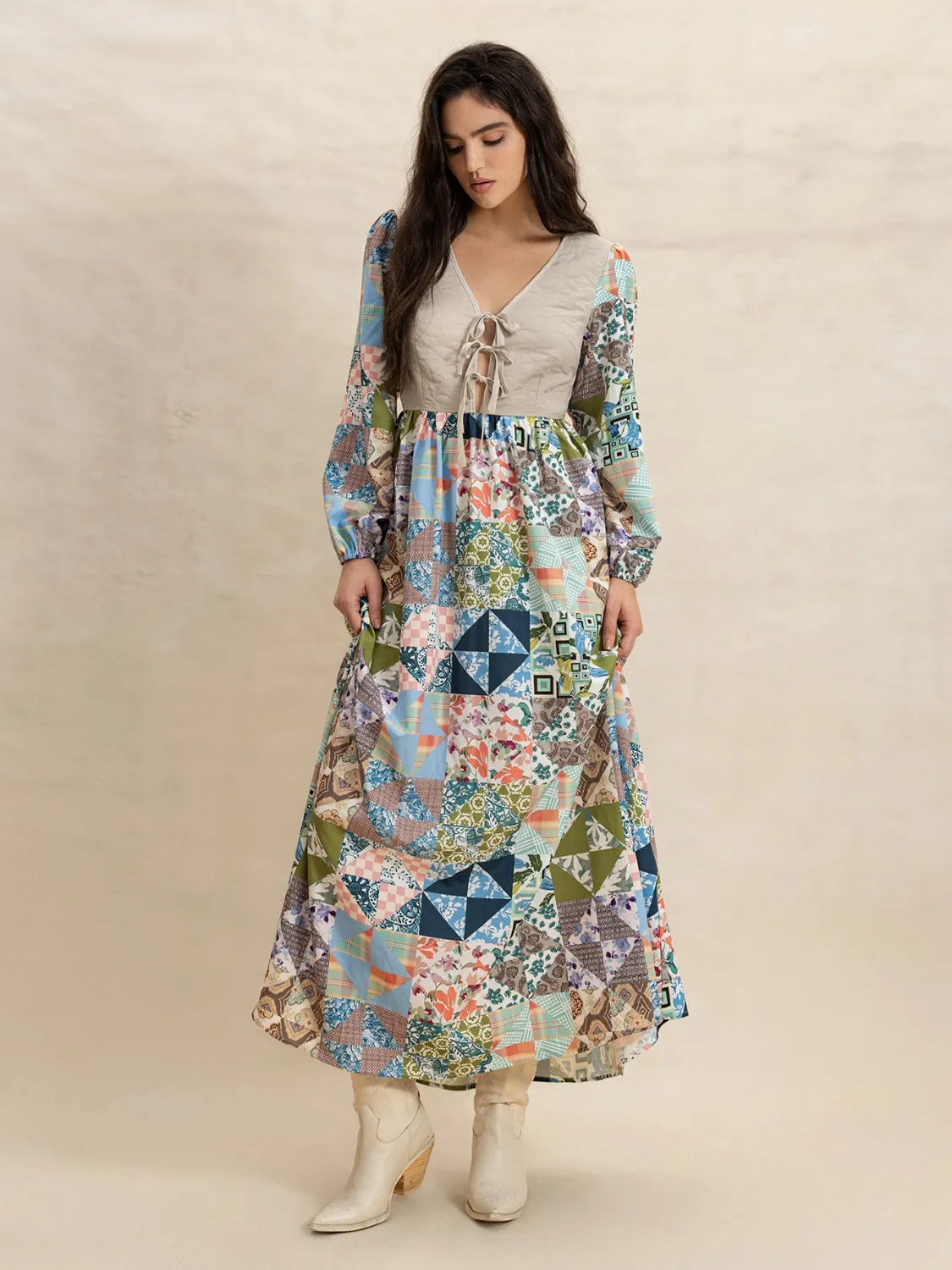 Tied Front Printed Long Sleeve Maxi Dress - Image 3