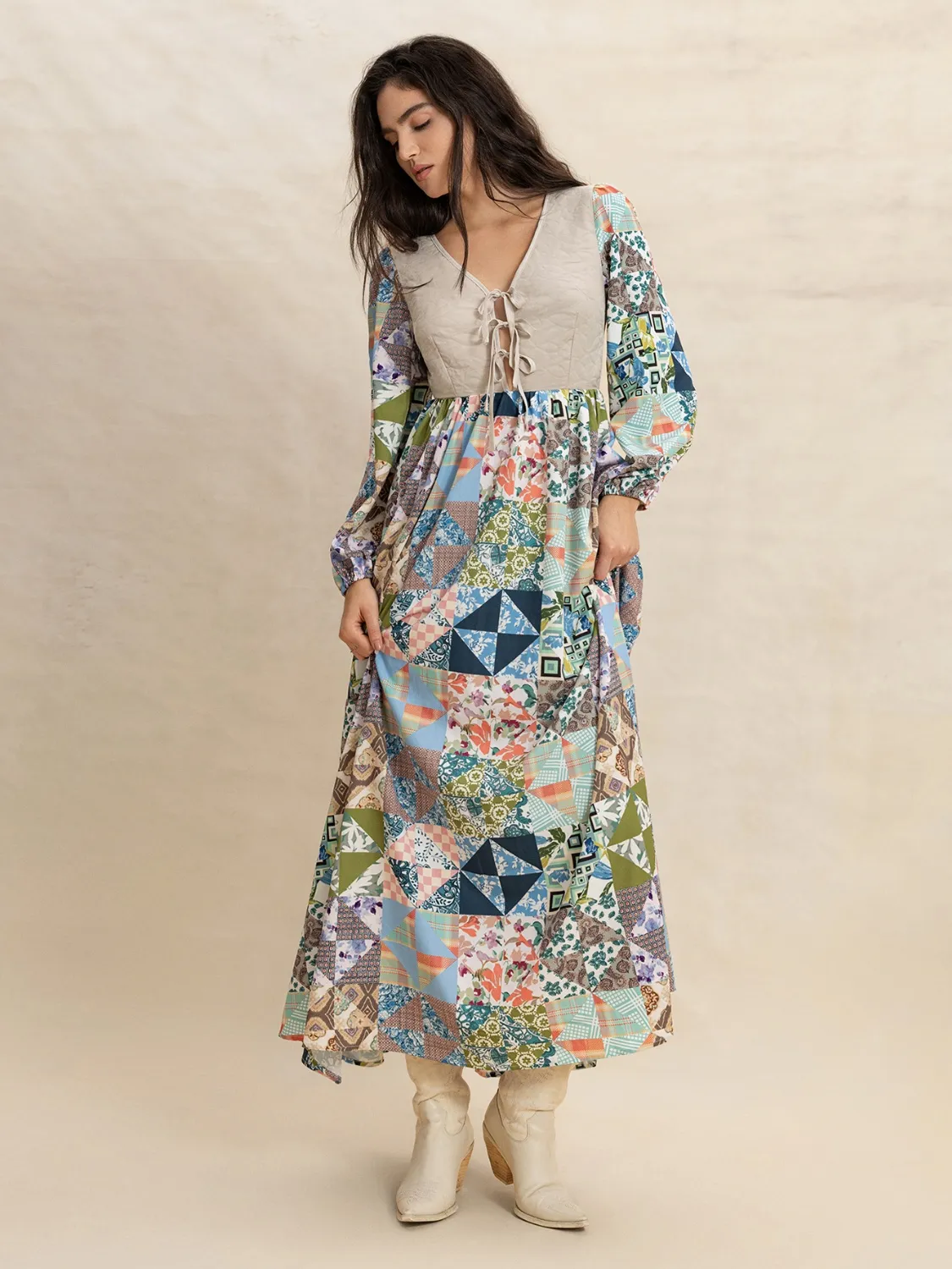 Tied Front Printed Long Sleeve Maxi Dress - Image 6
