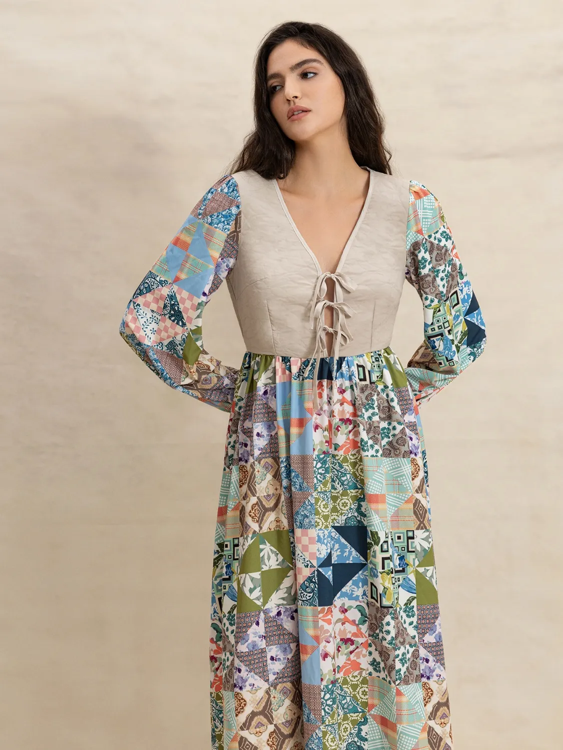 Tied Front Printed Long Sleeve Maxi Dress - Image 7