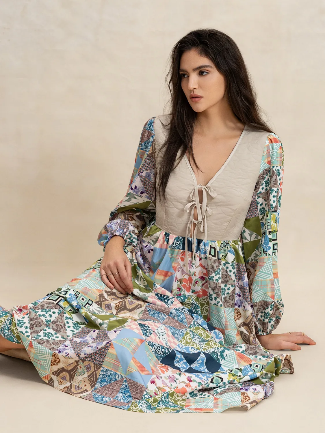 Tied Front Printed Long Sleeve Maxi Dress - Image 8