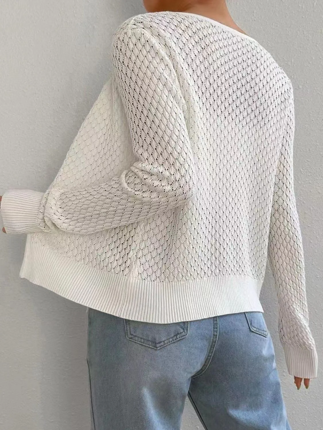 Tied Openwork V-Neck Long Sleeve Cardigan - Image 2